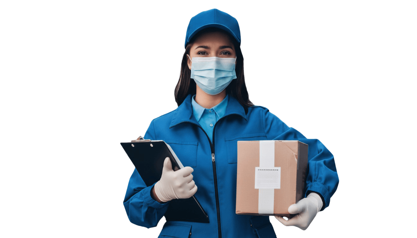 Livreuse portant un colis et un presse-papiers dans la rue, avec masque et gants.